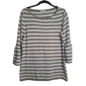Benedetta B Sweater Sz L Pullover Brown Ivory Stripes 3/4 Bell Sleeves Soft Wool